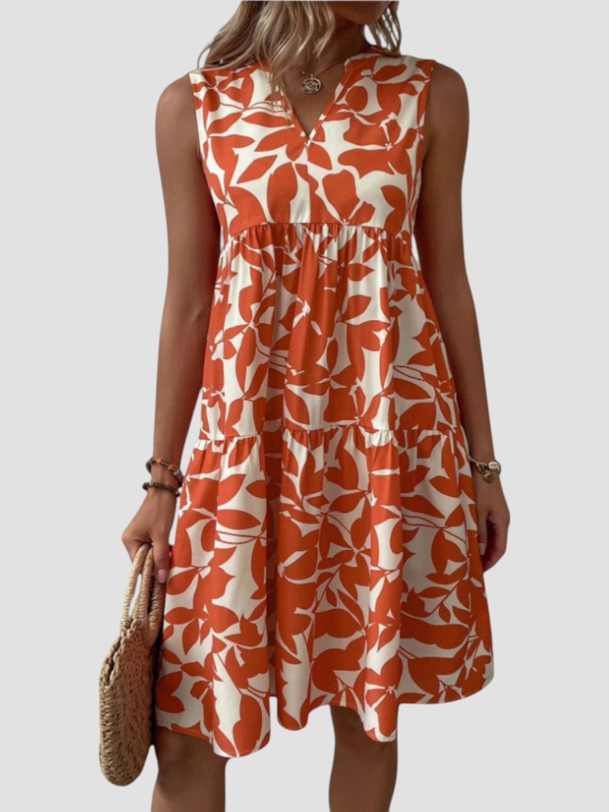 Robe d’été midi sans manches à col V, motif feuille orange et blanc