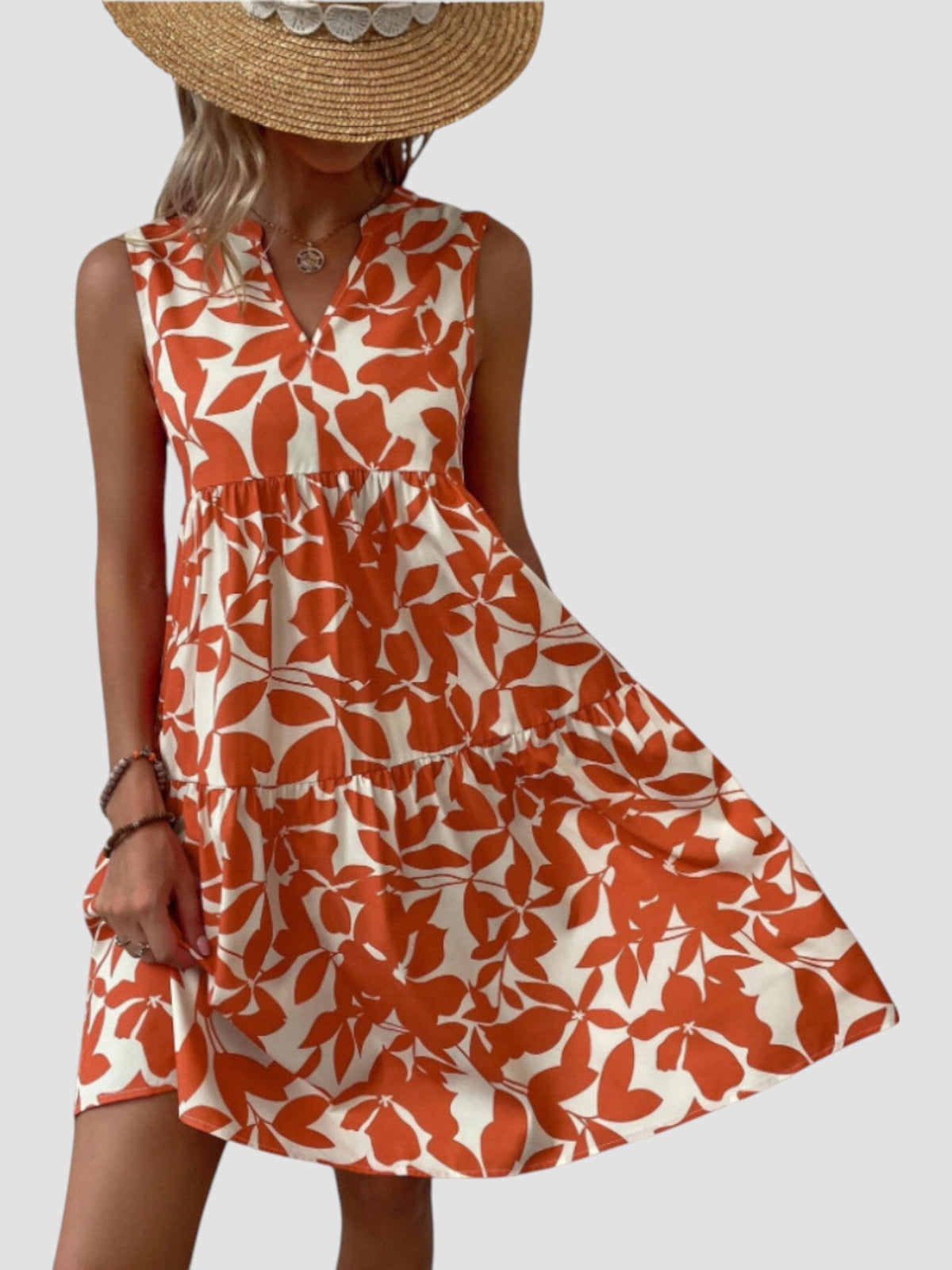 Robe midi sans manches imprimé feuilles rouge orangé, encolure V, jupe évasée