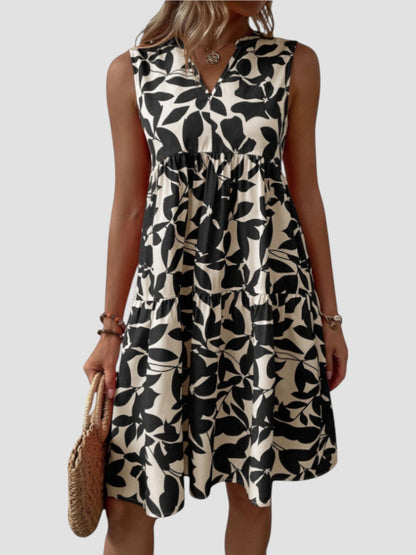 Robe d’été midi sans manches à col V, motif feuille noir et blanc cassé