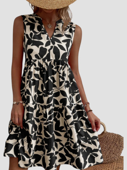 Robe midi sans manches imprimé feuilles noir et blanc, encolure V, taille froncée