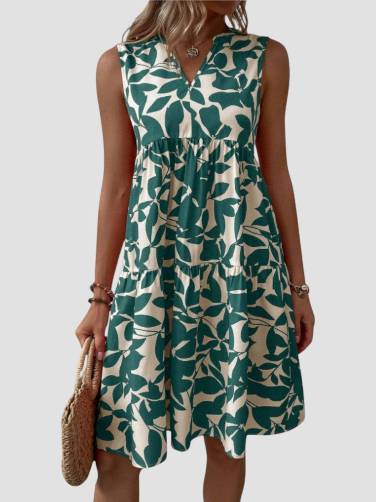Robe d’été midi sans manches à col V, motif feuille vert et blanc