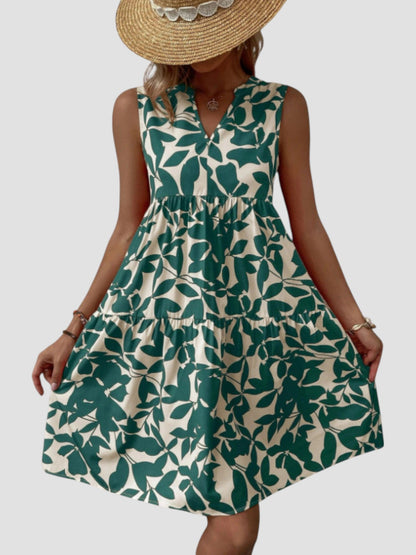 Robe midi sans manches imprimé feuilles vert, encolure V, taille froncée et jupe évasée