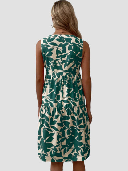 Robe midi sans manches imprimé feuilles vert, vue de dos, jupe évasée à volants