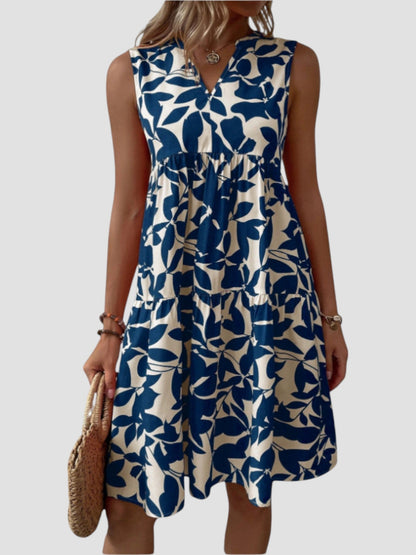 Robe d’été midi sans manches à col V, motif feuille bleu foncé et blanc
