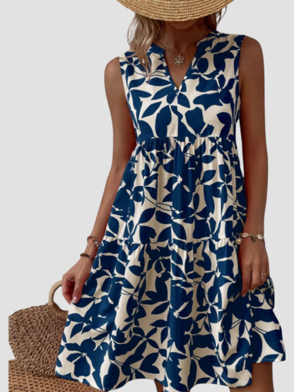 Robe midi sans manches imprimé feuilles bleu, encolure V, taille froncée et jupe évasée