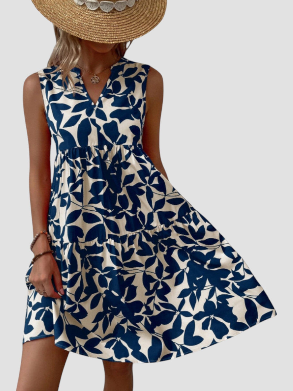 Robe d’été midi sans manches à col V, motif feuille bleu et blanc