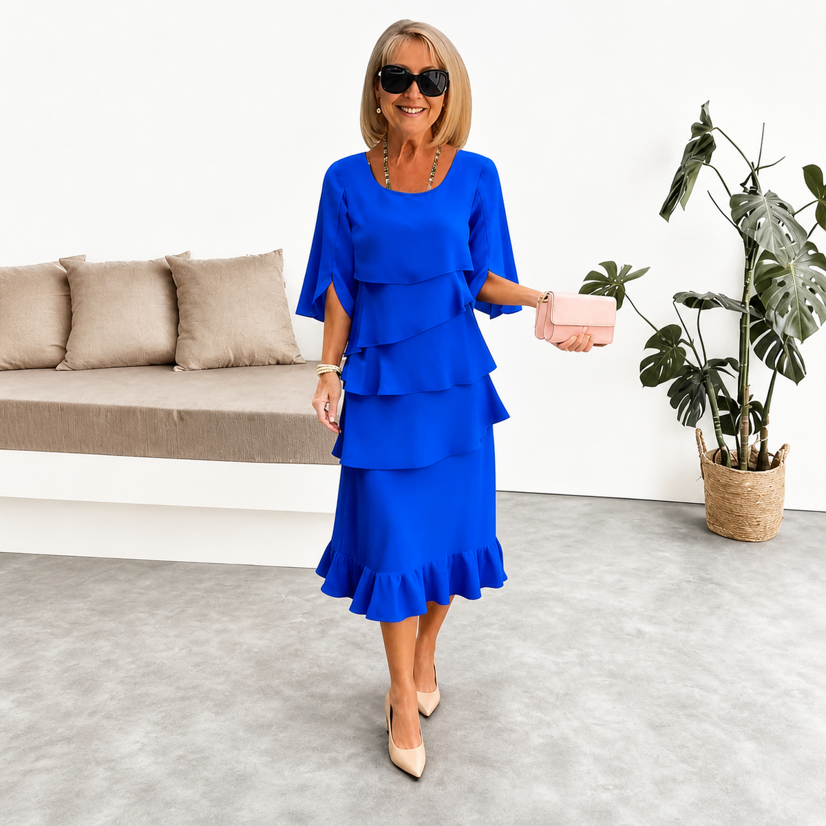 Robe midi étagée bleu royal à volants superposés, manches trois-quarts, encolure carrée