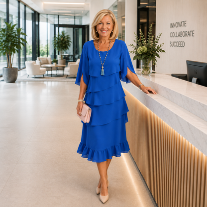 Robe midi noire étagée à volants, encolure ronde, manches trois-quarts, silhouette élégante