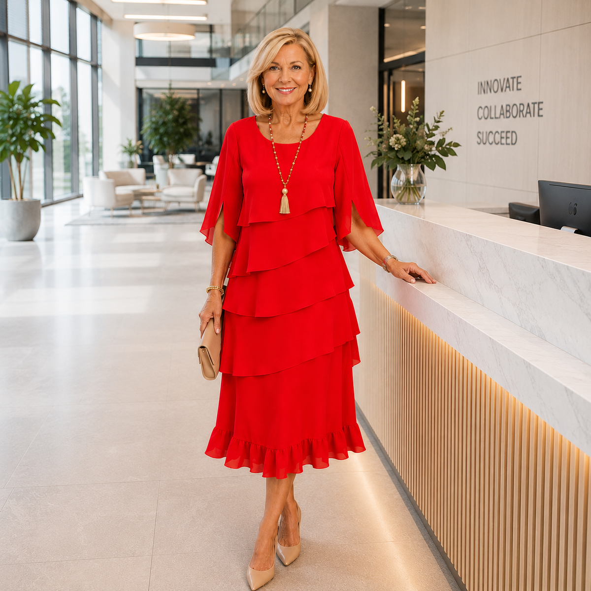 Robe midi étagée rouge à volants superposés, manches trois-quarts, encolure ronde