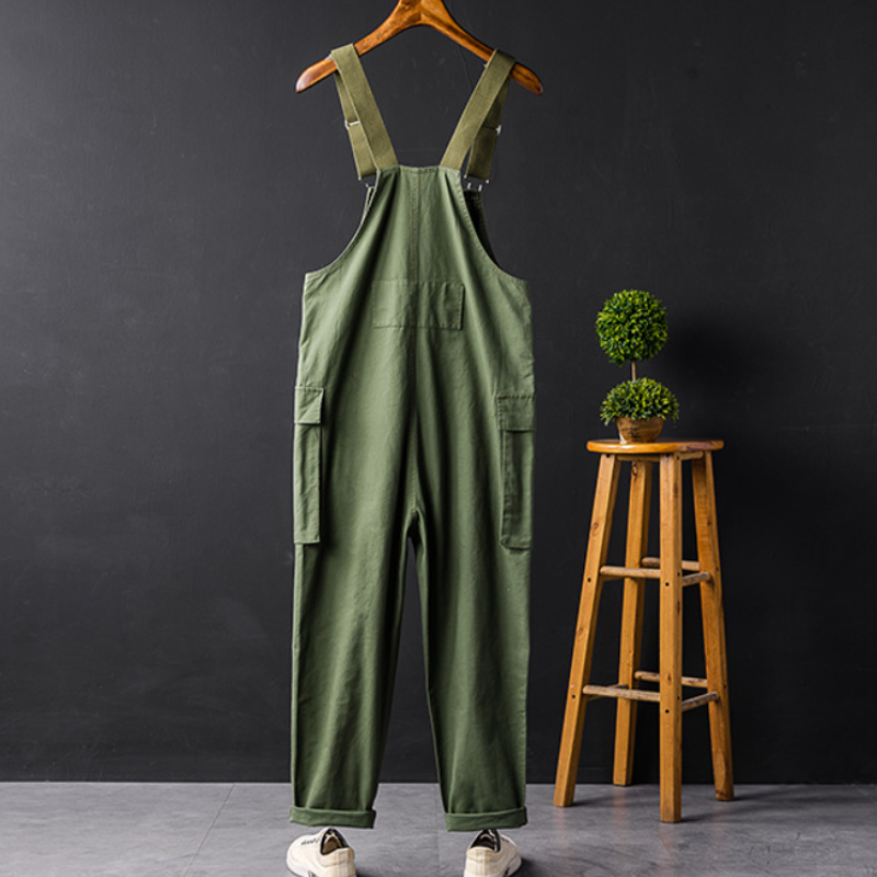 Salopette de jardinage vert olive à bretelles, poches et attache boutonnée