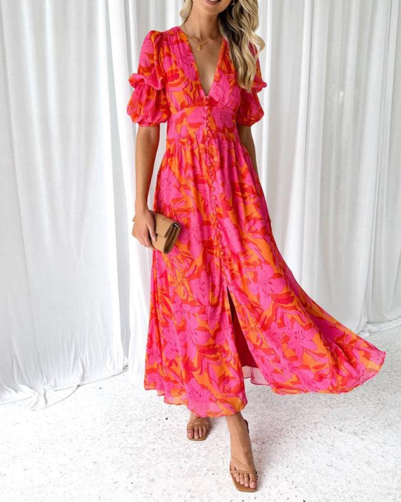Robe longue rouge rose à imprimé floral, col V, manches bouffantes et volants