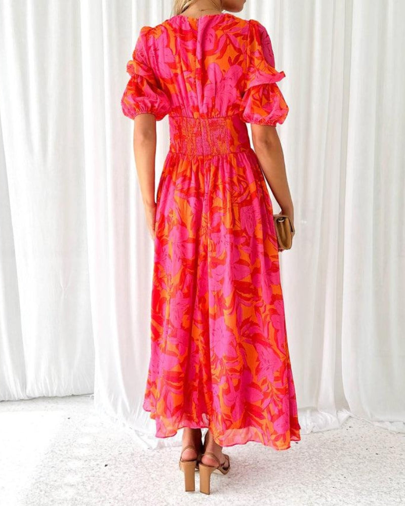 Robe longue rouge rose imprimée, manches bouffantes au dos, taille élastique