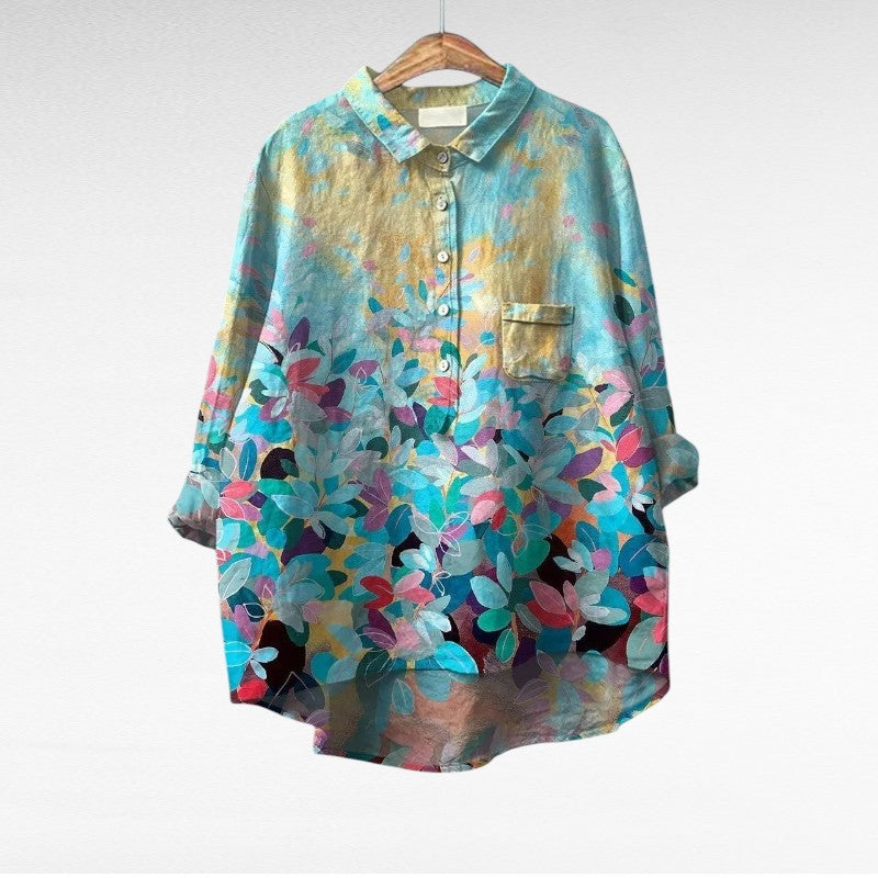 Chemisier à fleurs avec boutons, poche poitrine, manches amples, bleu clair