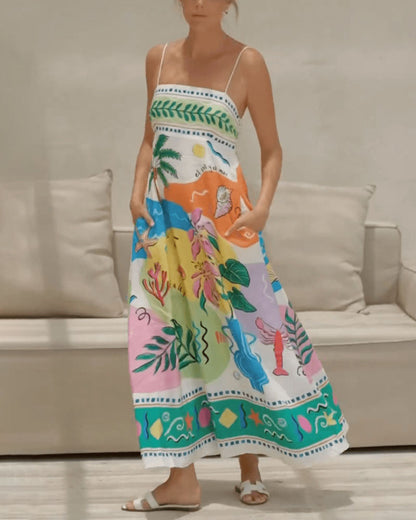 Robe d’été à bretelles fines, imprimé tropical multicolore, coupe mi-longue
