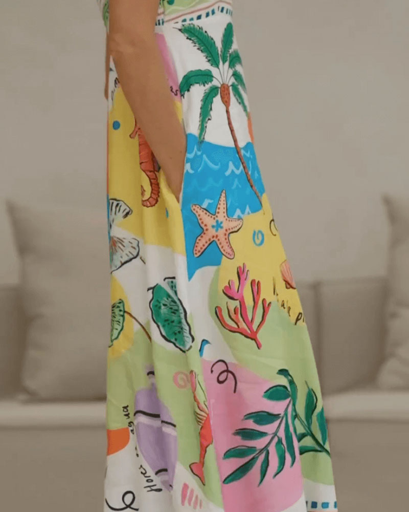 Robe d’été à bretelles fines, imprimé multicolore de coraux et poissons