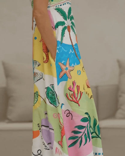 Robe d’été à bretelles fines, imprimé multicolore de coraux et poissons