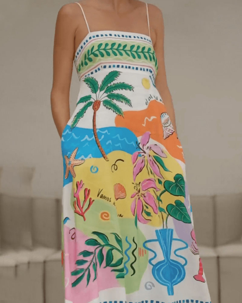 Robe à bretelles fines, dos imprimé tropical multicolore avec bordure décorative