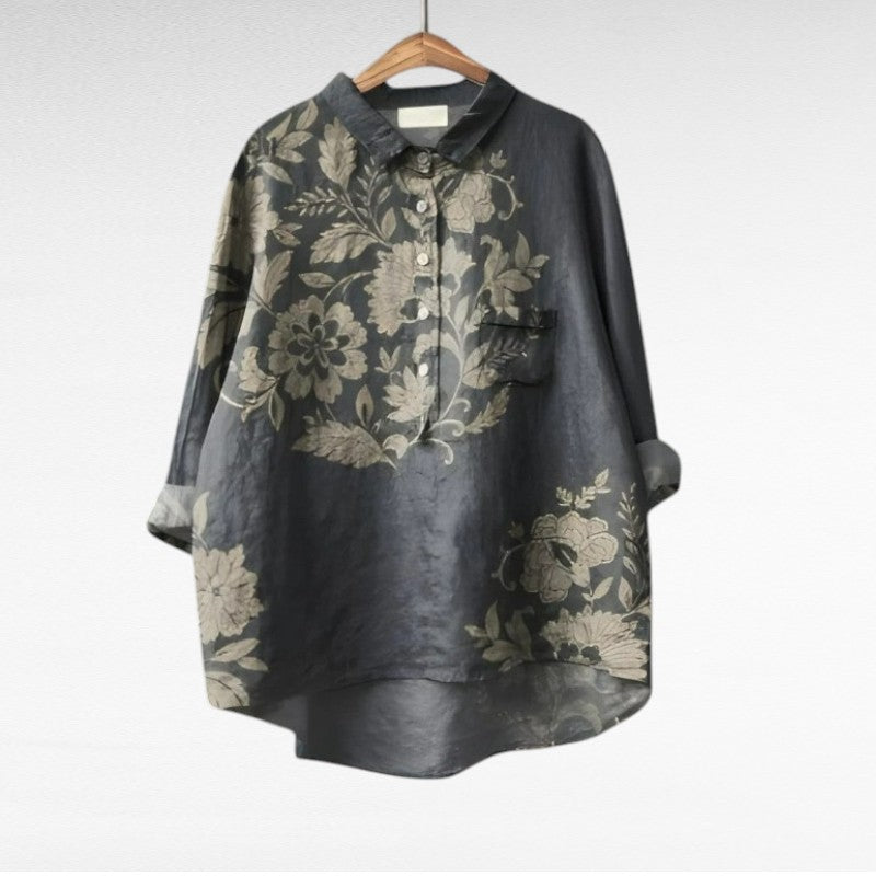 Blouse noire à imprimé floral, col boutonné et manches longues