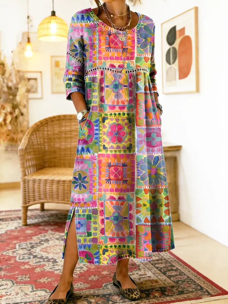 Robe longue imprimé géométrique multicolore, manches 3/4, encolure ronde