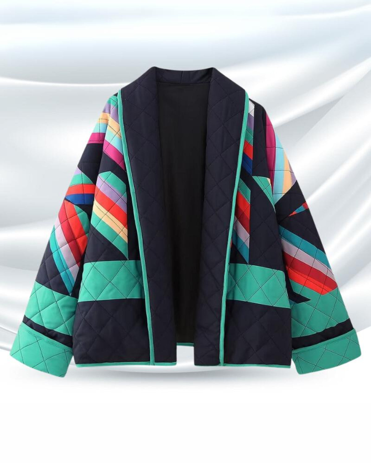 Veste Kaia noire et verte à motifs géométriques multicolores, fermeture centrale et col montant