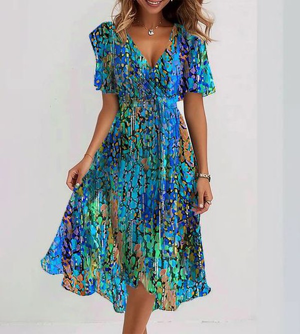 Robe mi-longue en laine à encolure V, manches courtes, motif turquoise multicolore
