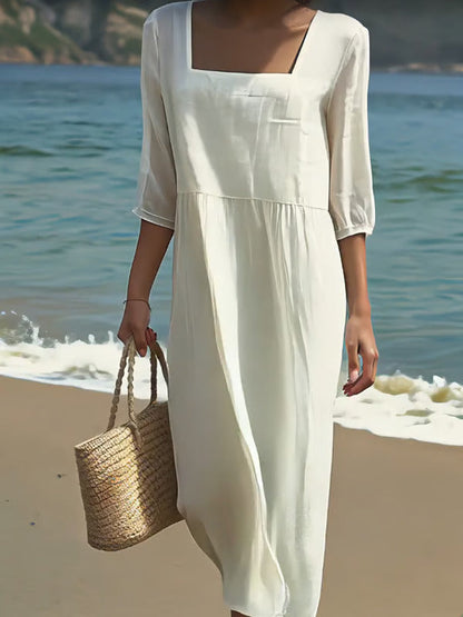 Robe en lin décontractée Lunelle, encolure carrée, manches trois-quarts, ample et blanche