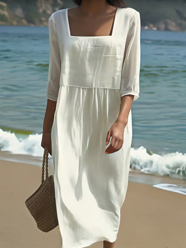 Robe en lin décontractée Lunelle, encolure carrée, taille froncée, manches 3/4, ivoire
