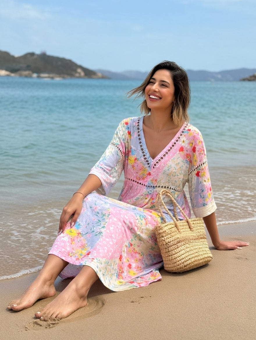 Robe mi-longue fluide, encolure V bordée de dentelle, imprimé floral pastel multicolore.