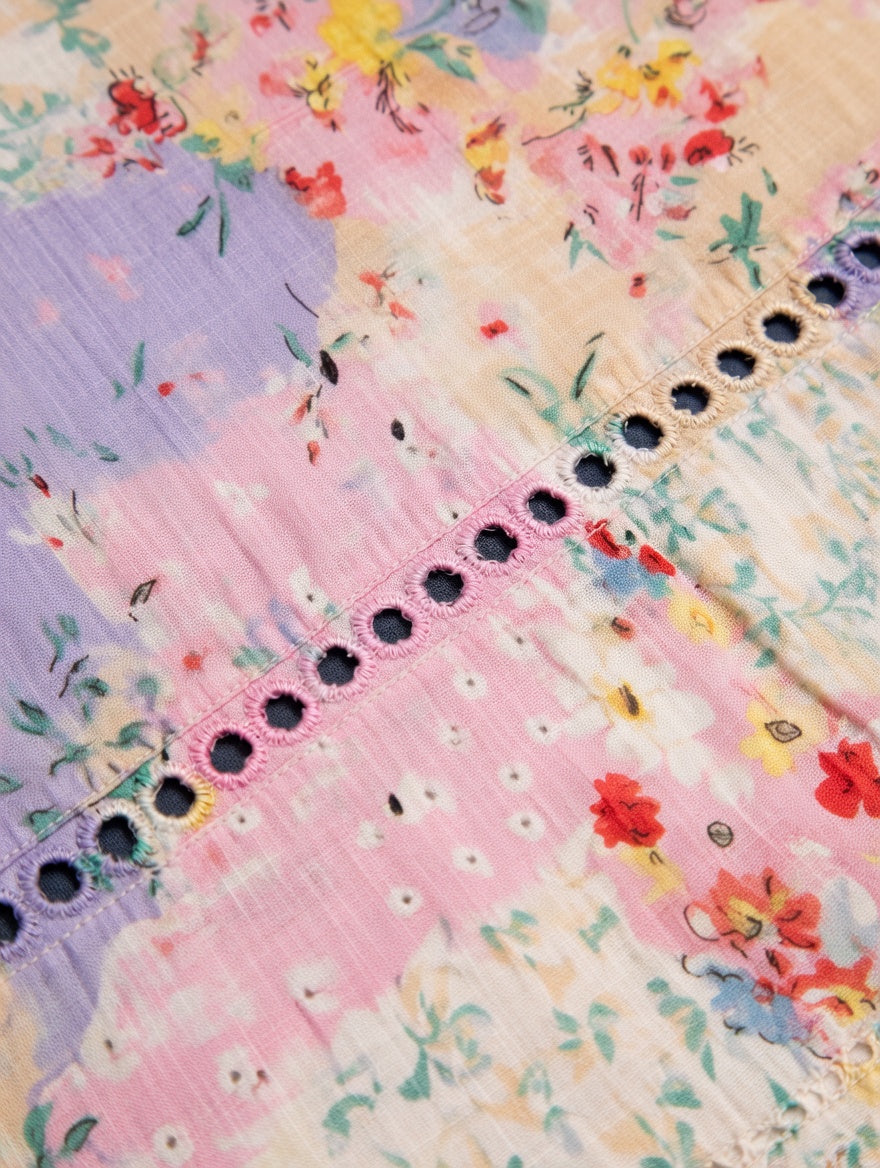 Détail de couture et broderie ajourée sur robe à imprimé floral pastel multicolore.