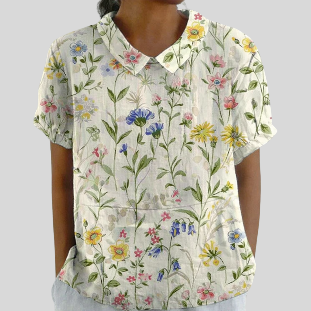Blouse à manches courtes ivoire à fleurs champêtres multicolores, encolure ronde
