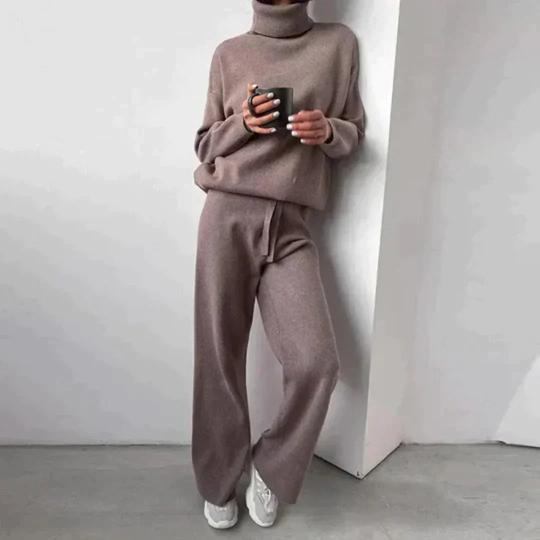 Ensemble pull col montant à manches longues et pantalon ample à taille élastique, taupe