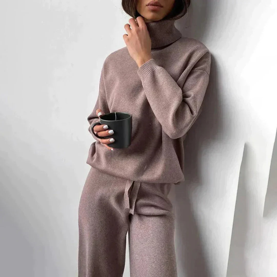 Ensemble pull à col montant et pantalon ample avec cordon, couleur taupe