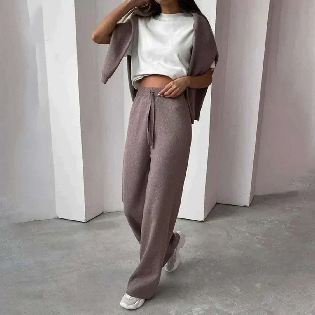 Ensemble pull col montant à manches longues et pantalon droit à cordon, taupe