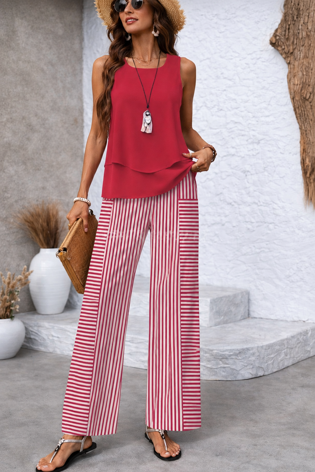 Ensemble femme sans manches fuchsia et pantalon à rayures rouge et blanc