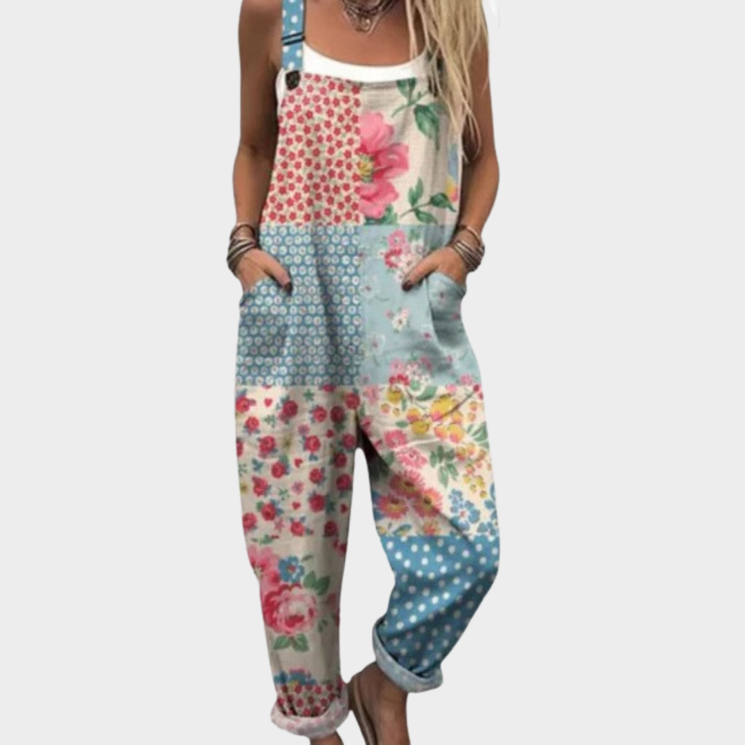 Salopette imprimée patchwork fleurs, bretelles et poches, jambes amples