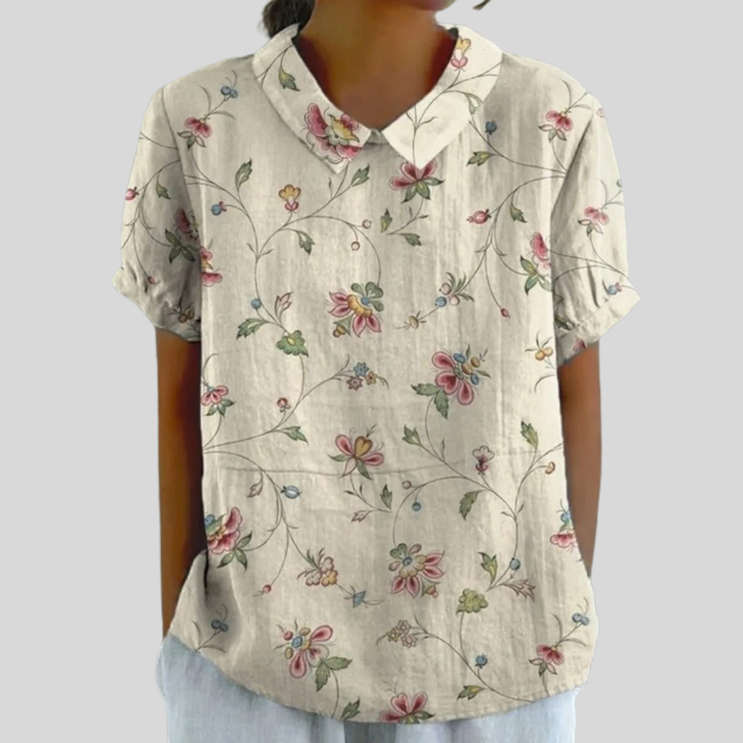 Blouse en lin clair à fleurs multicolores, col en V, manches courtes bouffantes