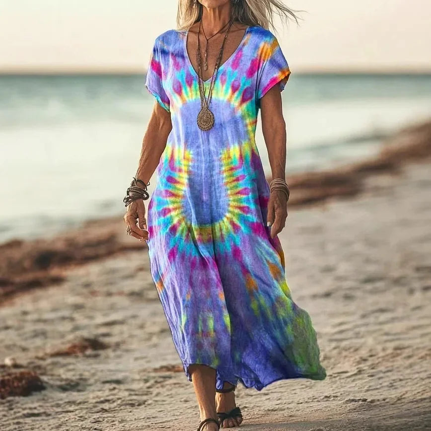 Robe longue ample à manches courtes, décolleté en V, imprimé tie-dye bleu, violet et vert