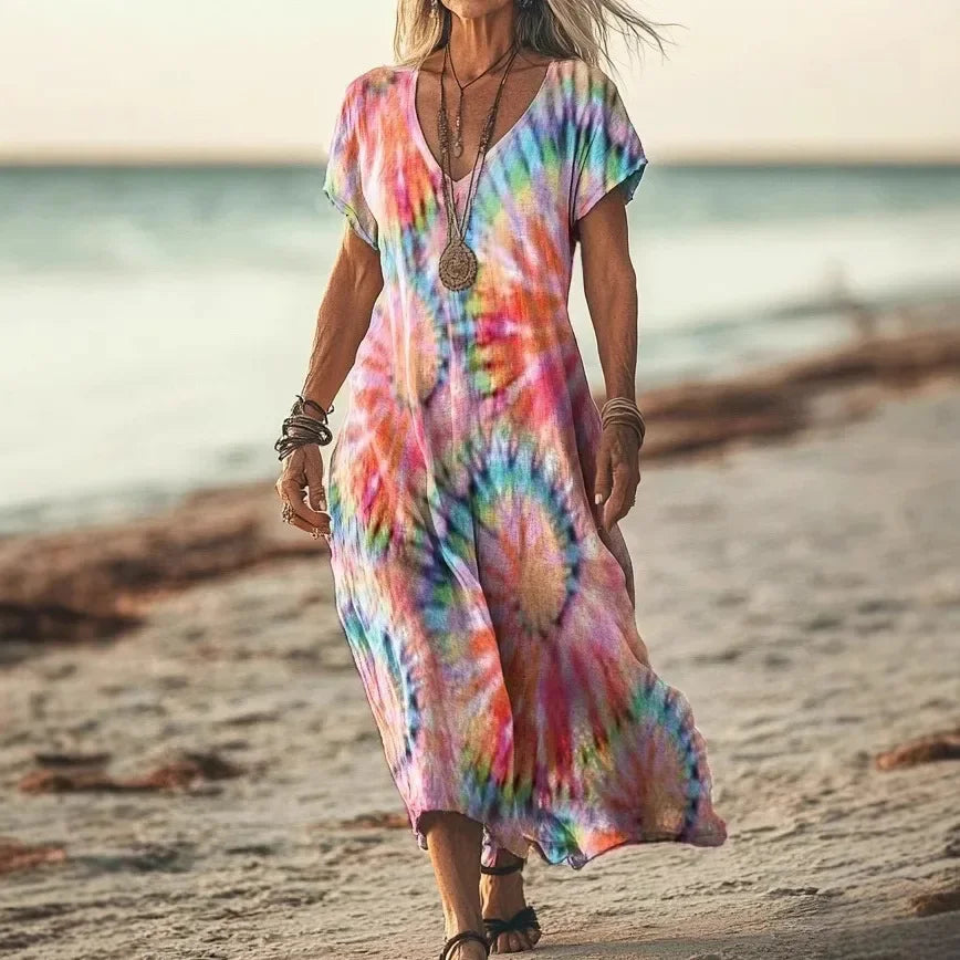 Robe longue ample à manches courtes, décolleté en V, imprimé tie-dye rose, bleu et vert