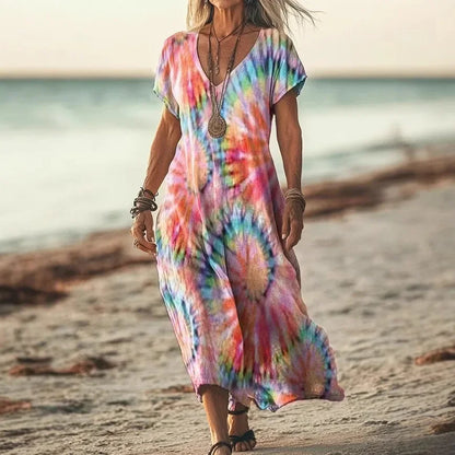 Robe longue ample à manches courtes, décolleté en V, imprimé tie-dye rose, bleu et vert