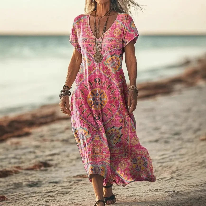 Robe longue ample à manches courtes, décolleté en V, imprimé cachemire rose et multicolore