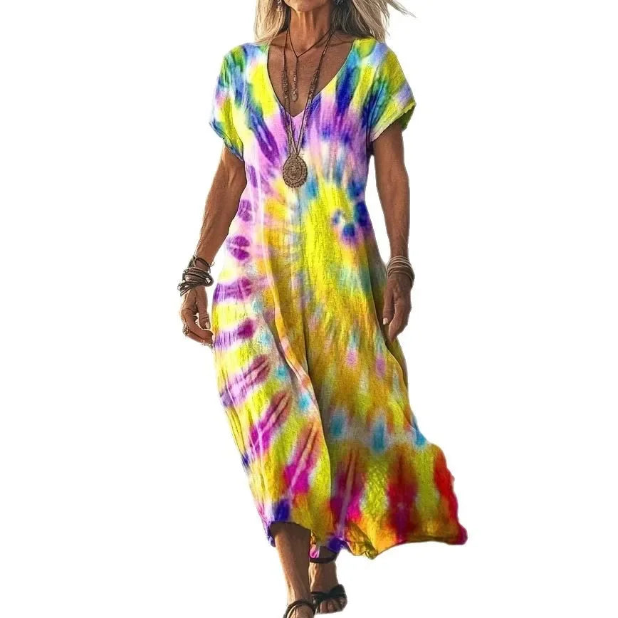 Robe longue ample à manches courtes, décolleté en V, imprimé tie-dye jaune, bleu et violet