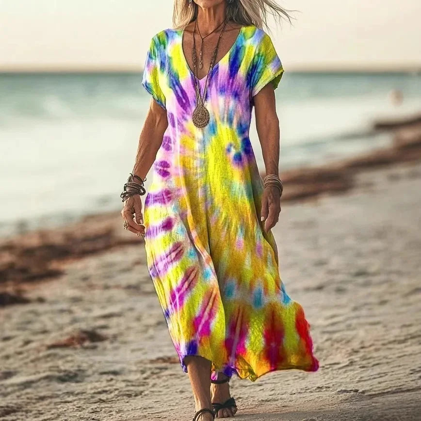 Robe longue ample à manches courtes, décolleté en V, imprimé tie-dye jaune, bleu et rose