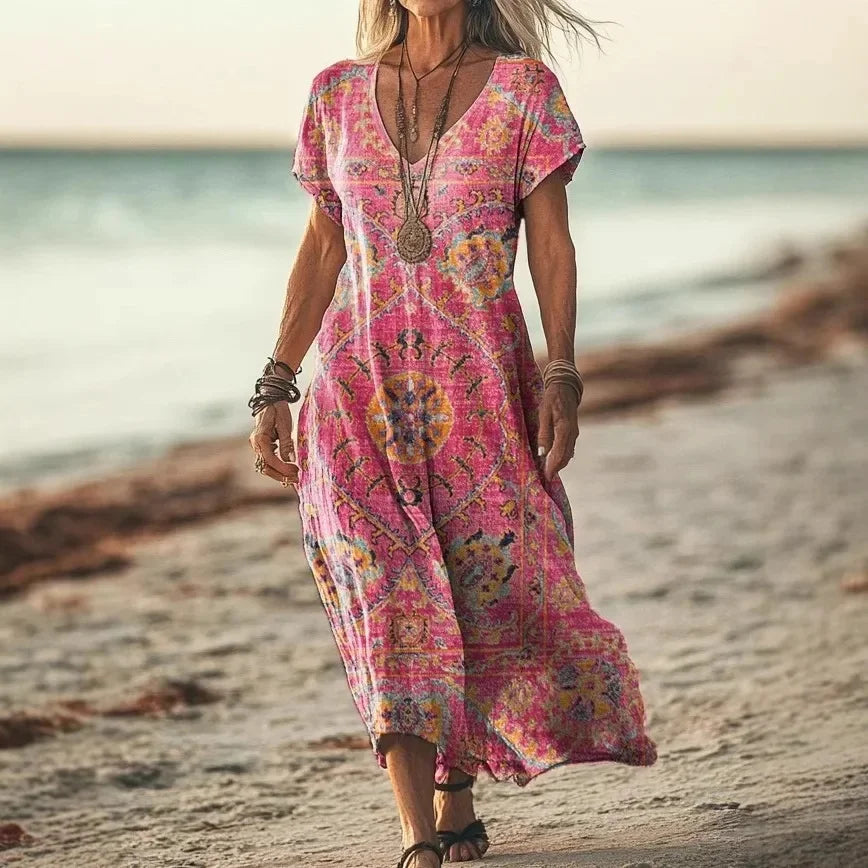 Robe longue ample à manches courtes, décolleté en V, imprimé cachemire rose détaillé