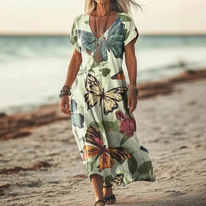 Robe longue ample à manches courtes, décolleté en V, imprimé papillons et fleurs multicolores