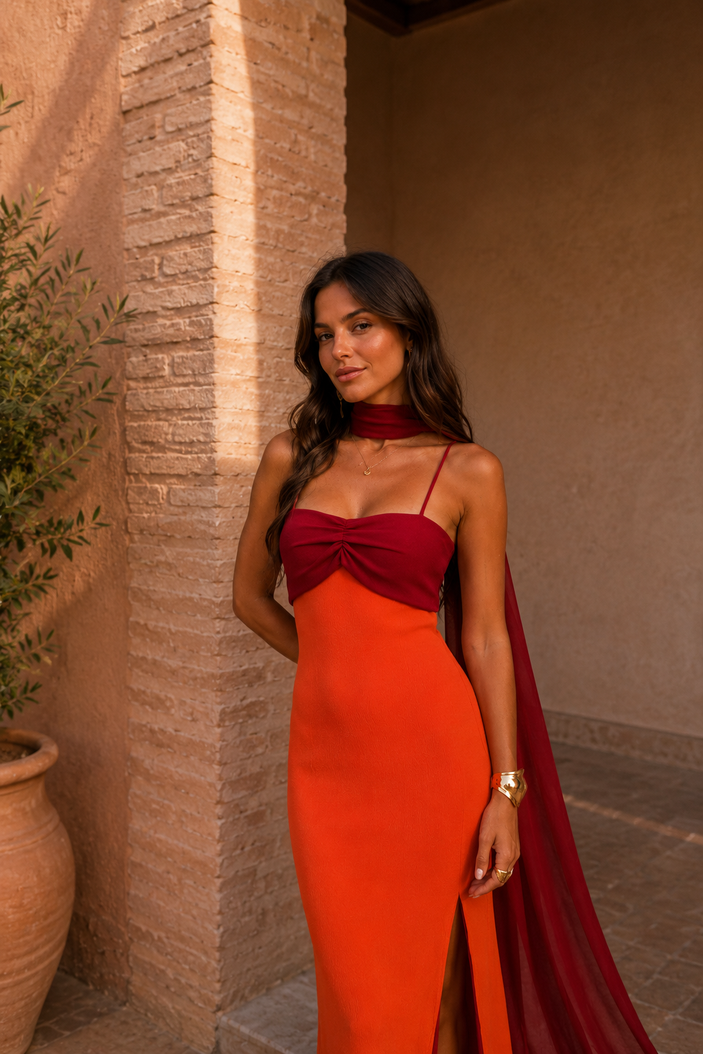 Robe longue orange à bretelles fines et nœud bordeaux, voile fluide retombant sur le côté.