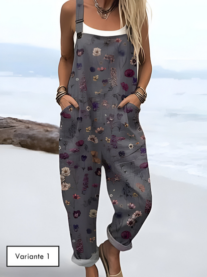 Combinaison vintage légère grise à motifs fleurs et oiseaux, bretelles réglables