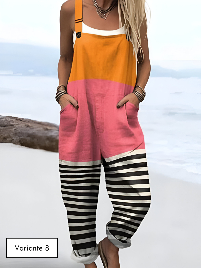 Combinaison vintage légère à rayures noir et blanc, haut orange, bas rose