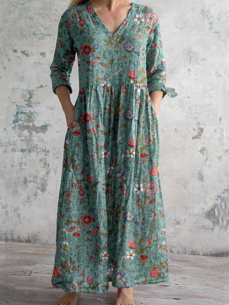 Robe longue légère Christinia, encolure V, manches 3/4, imprimé fleuri vert et rouge