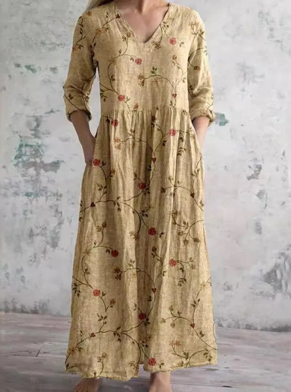 Robe longue légère Christinia, encolure V, manches 3/4, imprimé floral beige