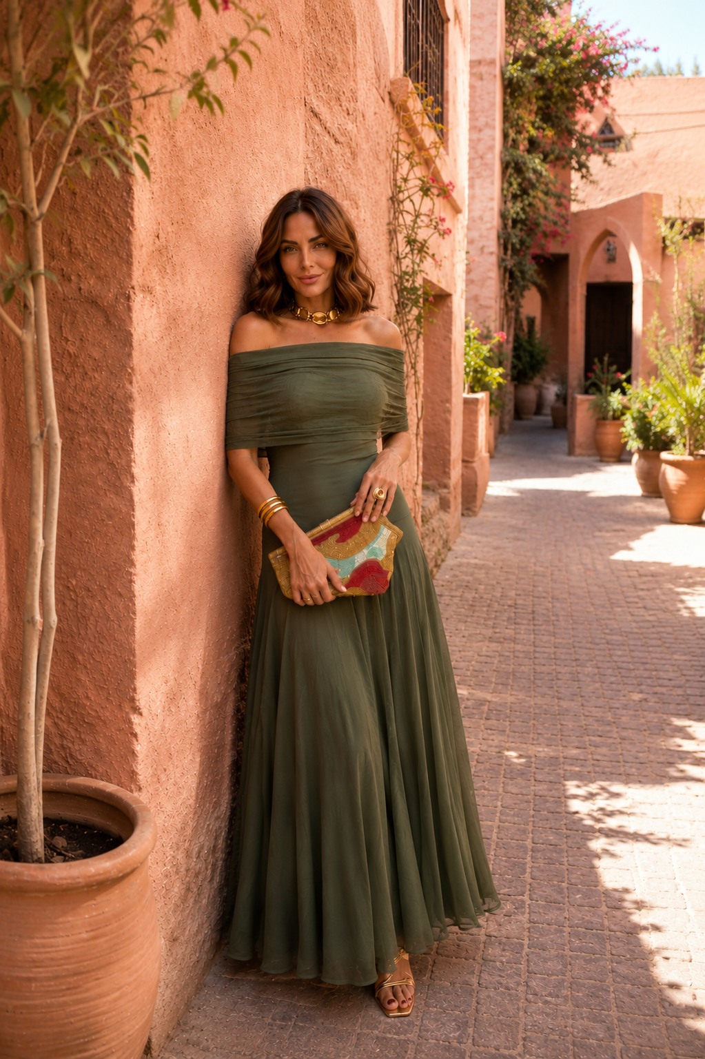 Robe longue bardot vert olive, buste froncé et jupe évasée, manches dégagées sur les épaules.